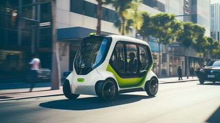 Electric Mini Mobility Vehicles Self-Driving on a City Street with Passengers, Smart Public Transport, AI Powered Shared Car, Futuristic Taxi, Green Mini Bus, Sustainable City Planning