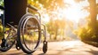 An empty wheelchair in a garde or park, backlight AI generated image