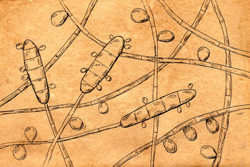 Poster - Hand-drawn illustration of Trichophyton rubrum fungi on aged paper, reminiscent of medieval medical drawings, merging artistry with mycological depiction.