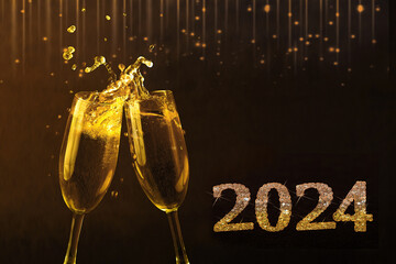 2024 Close-up of two glasses of sparkling champagne tilted towards each other against a dark bokeh background. New Year and Christmas concept. Place for text