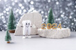 cartoon model of a tooth, the numbers 2024 on a podium made of stone and Christmas trees on a background оf silver bokeh