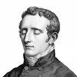 Black and white vintage engraving, headshot portrait of Louis Braille, the famous French educator, with eyes closed, white background, greyscale - Generative AI
