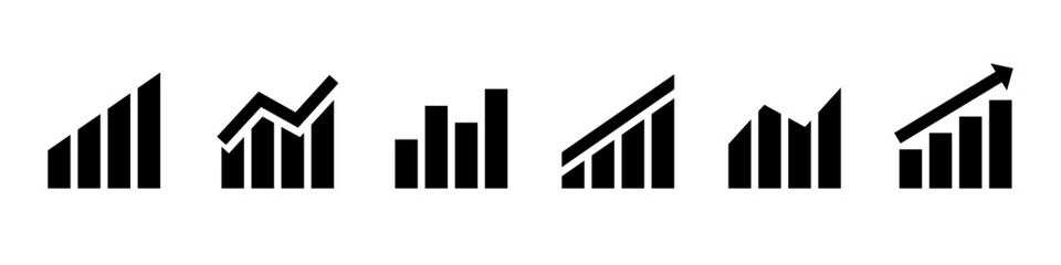 Poster - Growing bar graph icon in black. Profit, trend, increase diagram symbols. Growths chart, profit growing, growth success, chart increase icons. Growing graph set