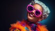 Smiling happy young woman in cool colorful neon outfit. Extravagant style, fashion concept background