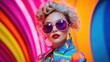 © Eireen - Smiling happy young woman in cool colorful neon outfit. Extravagant style, fashion concept background