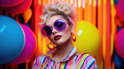 Smiling happy young woman in cool colorful neon outfit. Extravagant style, fashion concept background