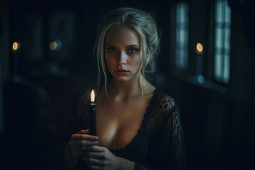 Wall Mural - attractive blonde woman in a low-cut black nightgown holding a candle in a dark room with atmosphere of mystery, ai generative