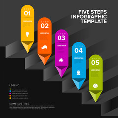 Poster - simple dark infographic with five diagonal steps on big stripes and arrows
