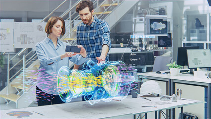 Wall Mural - engineering facility: female designer with chief engineer use smartphone with augmented reality app 