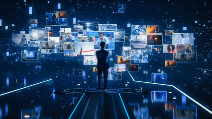 Virtual Reality Internet Interface: Asian Businessman Uses Smartphone in 3D Cyberspace Environment: Browses Websites, Enjoys Video Streaming Services, uses Social Media, Does e-Commerce