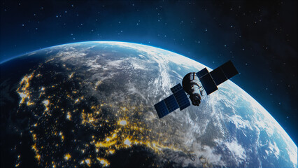 Wall Mural - breathtaking view of the satellite flying by planet earth as seen from the space. rising sun illumin