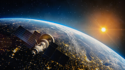 Wall Mural - breathtaking view of the satellite flying over planet earth as seen from the space. rising sun illum