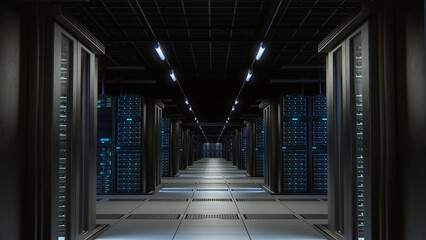 Aufkleber - Modern Data Technology Center Server Racks Working in Well-Lighted Room. Concept of Internet of Things, Big Data Protection, Cryptocurrency Farm, Cloud Computing. 3D Shot of Mining Warehouse.
