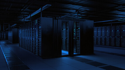 Fototapete - Modern Data Technology Center Server Racks Working in Dark Facility. Concept of Internet of Things, Big Data Protection, Storage, Cryptocurrency Farm, Cloud Computing. 3D Warehouse for Crypto Miners.