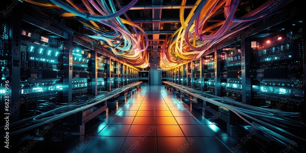 A complex set of wires and cables converge in data center where server ...