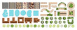 Landscape elements for master plans. Various trees, furniture, houses, pools, bushes, and tiles. Top view for the architectural plan. Vector illustration.