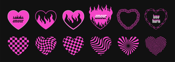 Poster - Retro pink heart symbols, stickers, decorative romantic elements in Y2K techno crazy aesthetics with flames, gothic text, chains chessboard and stripe textures. Vector illustration.