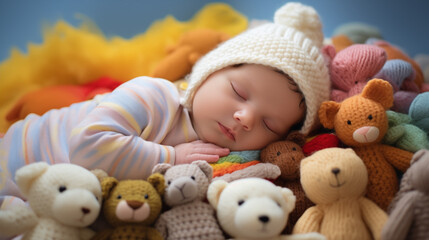 Poster - Cute baby sleeping in fur blanket in basket