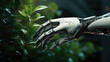 A closeup of a sleek, futuristic robot hand holding a flourishing green plant, showcasing the synergy between technology and nature.