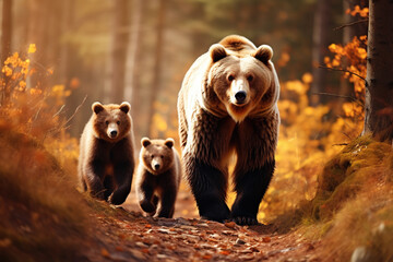 Sticker - Wild brown bear family walking in the autumn forest