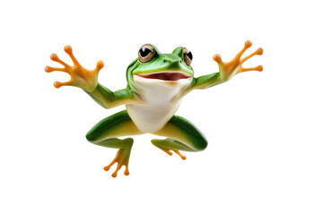 a high quality stock photograph of a single jumping happy frog isolated on a white background