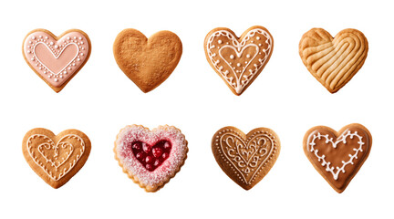 Wall Mural - Collection set of heart-shaped cookies or biscuits isolated on a transparent background