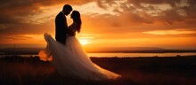 Wedding Photography Beautiful Bride And Groom On The Sunset Lake Background