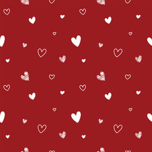 Cute White Hearts Seamless Pattern On Red Background, Christmas, Valentines Vector Illustration