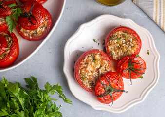 Traditional Turkish food; Stuffed tomatoes with olive oil stuffed with rice