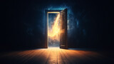 Fototapeta Perspektywa 3d - An open magic door in a dark room. Magic particles, smoke, smog