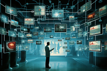 Poster - Balanced illustration representing the integration of telehealth technologies, with interconnected healthcare systems for remote medical services.