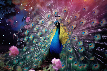 Poster - A distinctive portrayal of a peacock displaying its iridescent plumage against a dreamlike backdrop of shimmering colors and ethereal patterns.