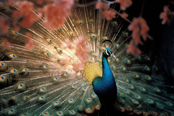 Poster - A distinctive portrayal of a peacock displaying its iridescent plumage against a dreamlike backdrop of shimmering colors and ethereal patterns.