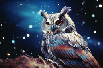 Poster - An original depiction of an owl with cosmic feathers, symbolizing celestial wisdom against a backdrop of galaxies and celestial bodies.