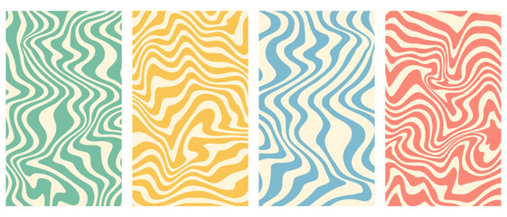 Wall Mural - Vector set of groovy wavy vertical posters.Twisted and distorted backgrounds in trendy 70s retro psychedelic style