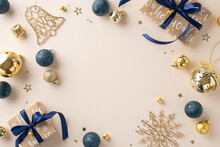 Infuse Your New Year Visuals With Warmth. Top View Craft Paper Gift Boxes, Luxurious Baubles, Jingle Bell, Confetti Scatter Across Pastel Beige Scene, Offering Empty Space For Text Or Promo Content