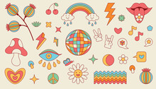 Groovy Funny Cartoon Flower, Rainbow, Sign Of Peace, Eye, Lips, Mushroom, Daisy. Stickers In Trendy Retro Style. Hippie 70s Set Vector Illustration. . 