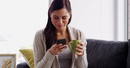 Canvas Print - Coffee, laugh and happy woman with phone on a sofa for text, chat or network communication at home. Smartphone, app and female person in living room with social media, meme or blog, post or funny gif