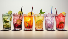 Row Of Various Drinks On Light Background. Collection Of Various Alcoholic Cocktails Drink Glasses, Icons Set, Different Kind Of Mocktails Colorful. Cocktail Party Concept