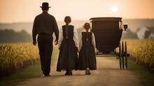 Traditional Amish Family Walking Alongside Buggy In Ohio Countryside
