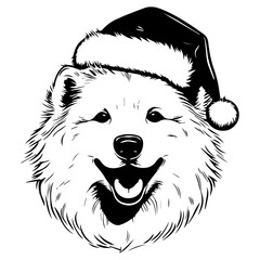 Cute Samoyed Dog wearing Santa hat head, Christmas illustration, Generative AI.