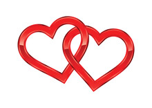 Twin Shiny Metallic Red Love Hearts Linked