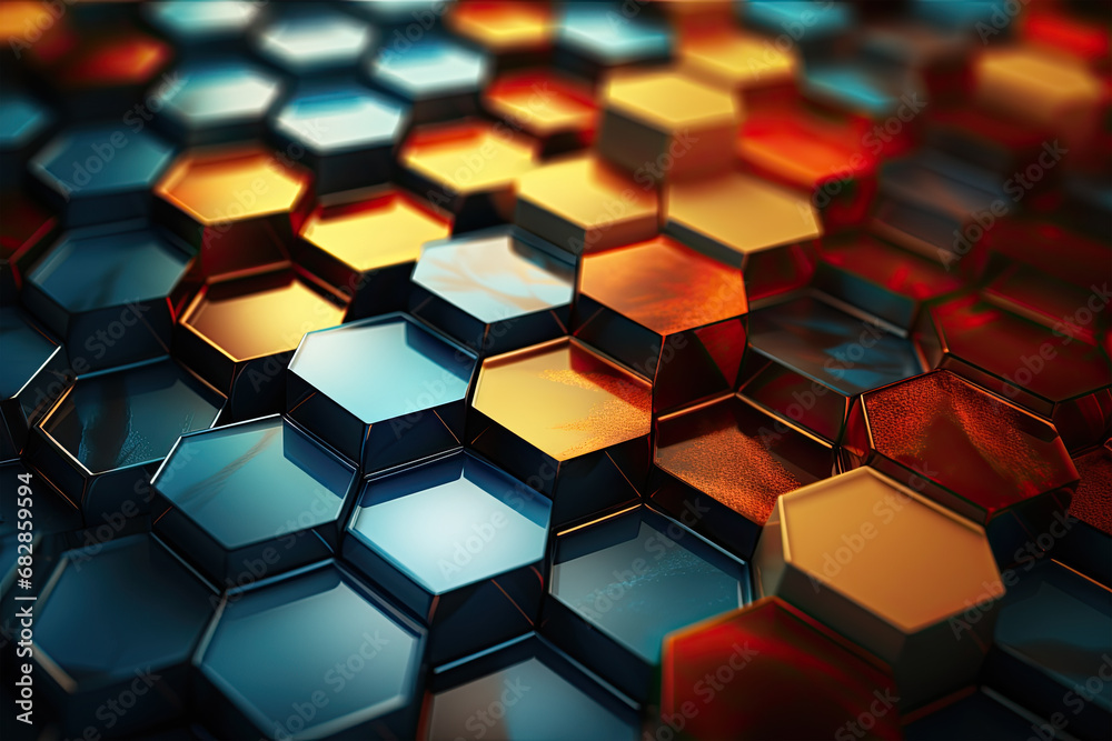 Hexagon geometric pattern background featuring a lively underwater scene, with hexagons forming coral structures, marine life in vibrant colors, Generative Ai