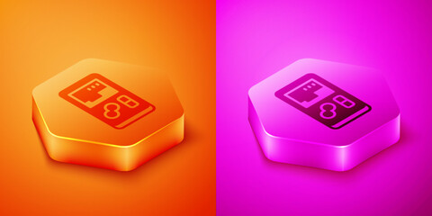 Poster - Isometric Portable video game console icon isolated on orange and pink background. Handheld console gaming. Hexagon button. Vector