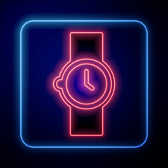 Poster - Glowing neon Wrist watch icon isolated on black background. Wristwatch icon. Vector
