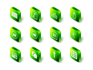 Poster - Set Music note, tone, equalizer, USB flash drive, Audio jack, Sound mixer controller, Pause button, Microphone and Musical in speech bubble icon. Vector