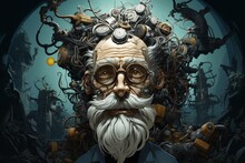 Portrait Of An Old Man In Diesel Punk Style, With Mechanical Elements On His Head, Abstract Ruined Background, Retro Punk Style