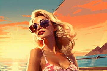 Wall Mural - Portrait of a beautiful fashionable woman with a hairstyle and sunglasses, on a yacht, at sunset, blue sky background. Illustration, poster in style of the 1960s