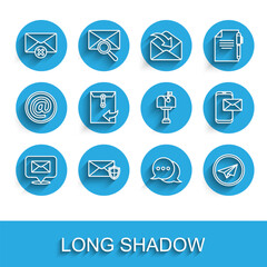 Poster - Set line Speech bubble with envelope, Envelope shield, Delete, chat, Paper plane, Mobile and and Mail box icon. Vector