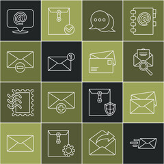 Poster - Set line Express envelope, Envelope, with magnifying glass, Speech bubble chat, Delete, Mail and e-mail on speech and icon. Vector